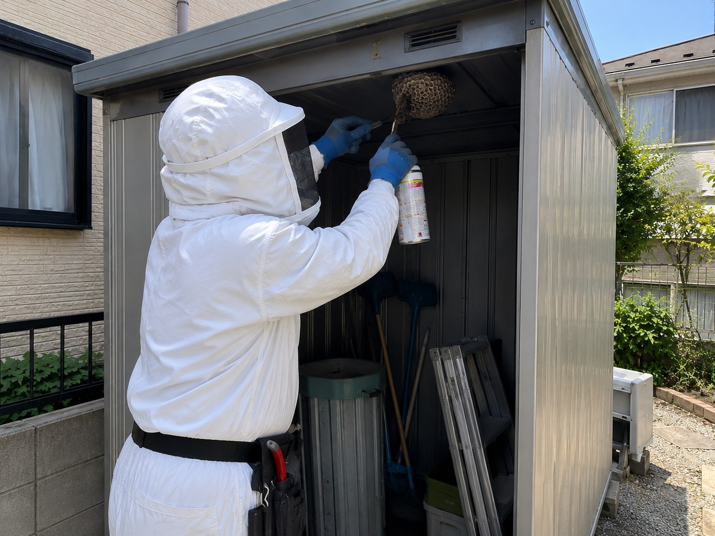 防護服を着用し物置の屋根裏のアシナガバチの巣を駆除する作業員