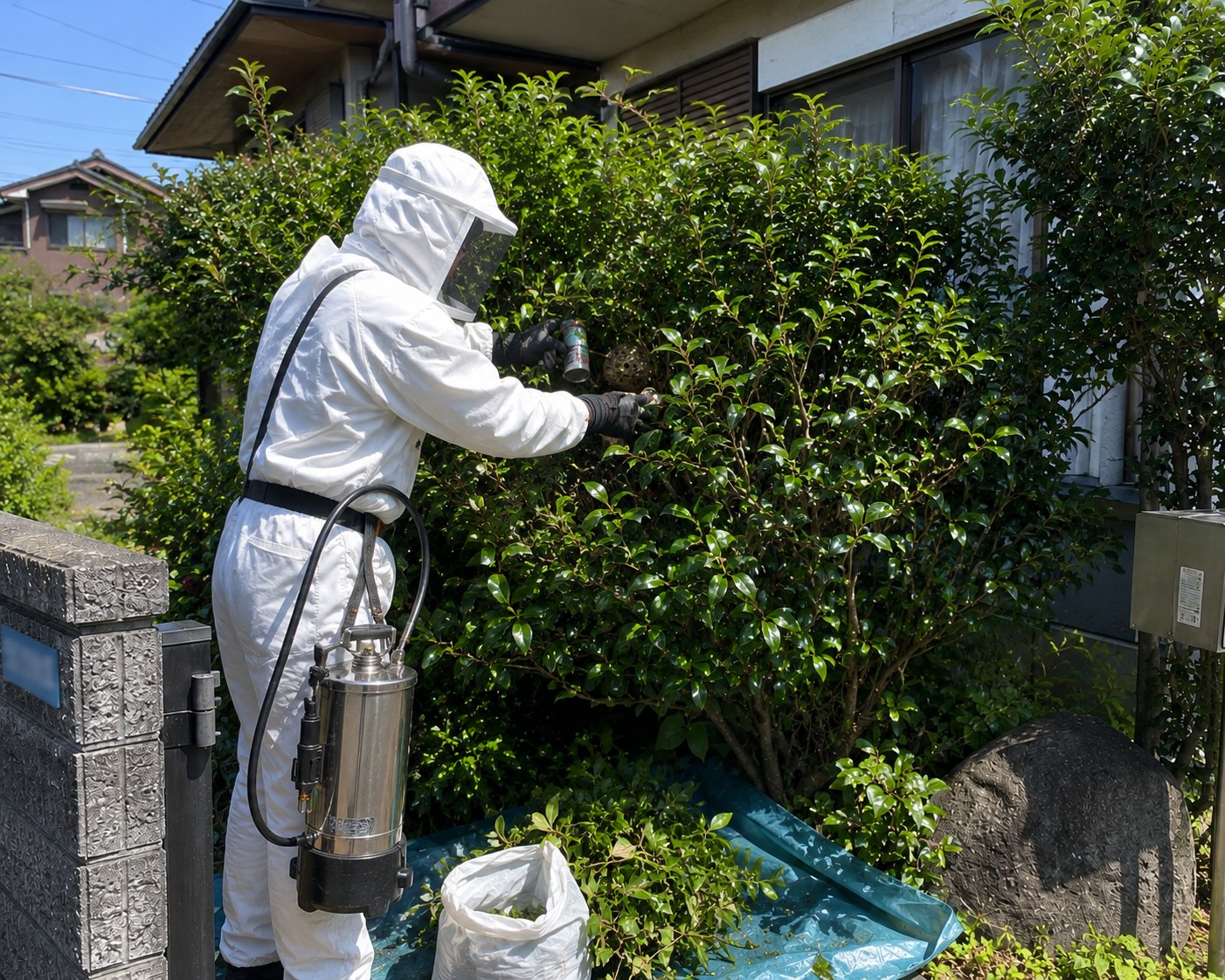 防護服を着用しサザンカの巣を駆除する作業員