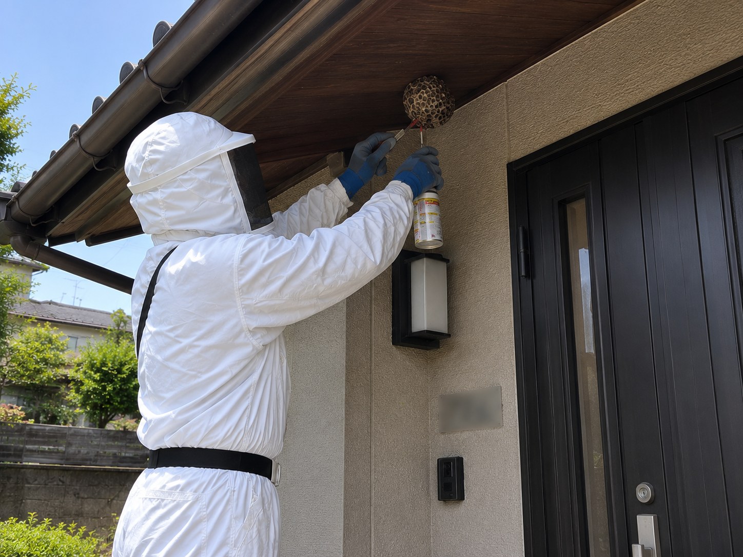 防護服を着用し軒下のアシナガバチの巣を駆除する作業員