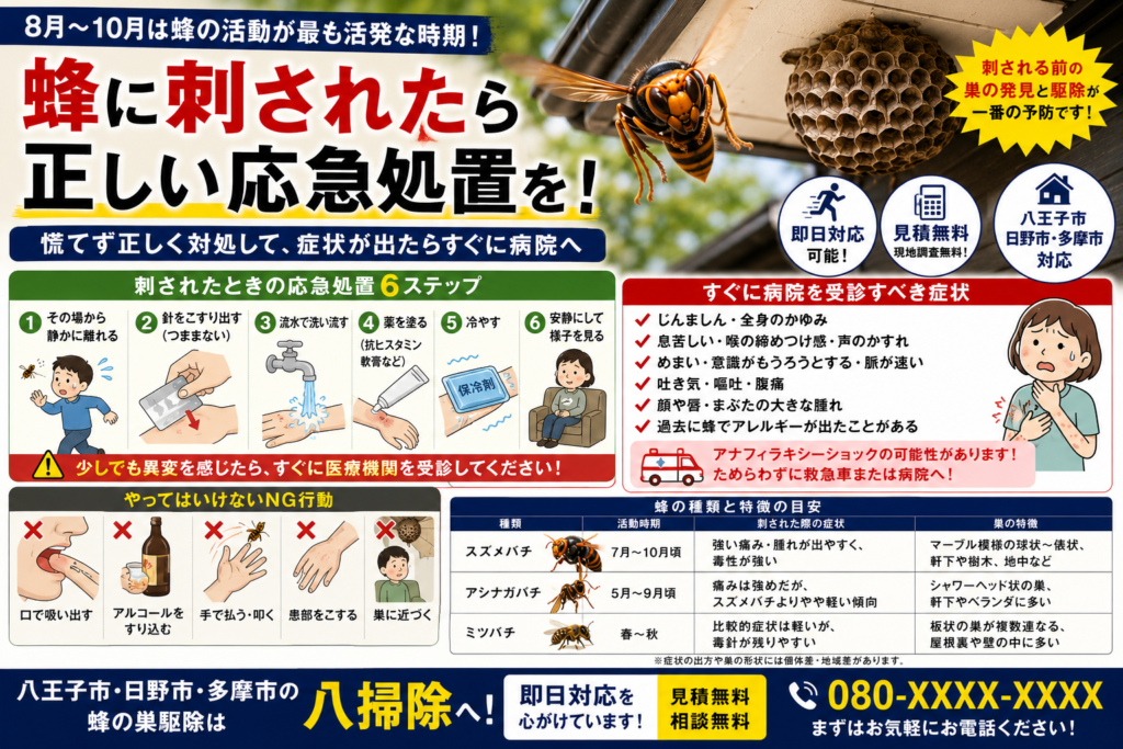 蜂に刺されたときの正しい応急処置の解説イラスト