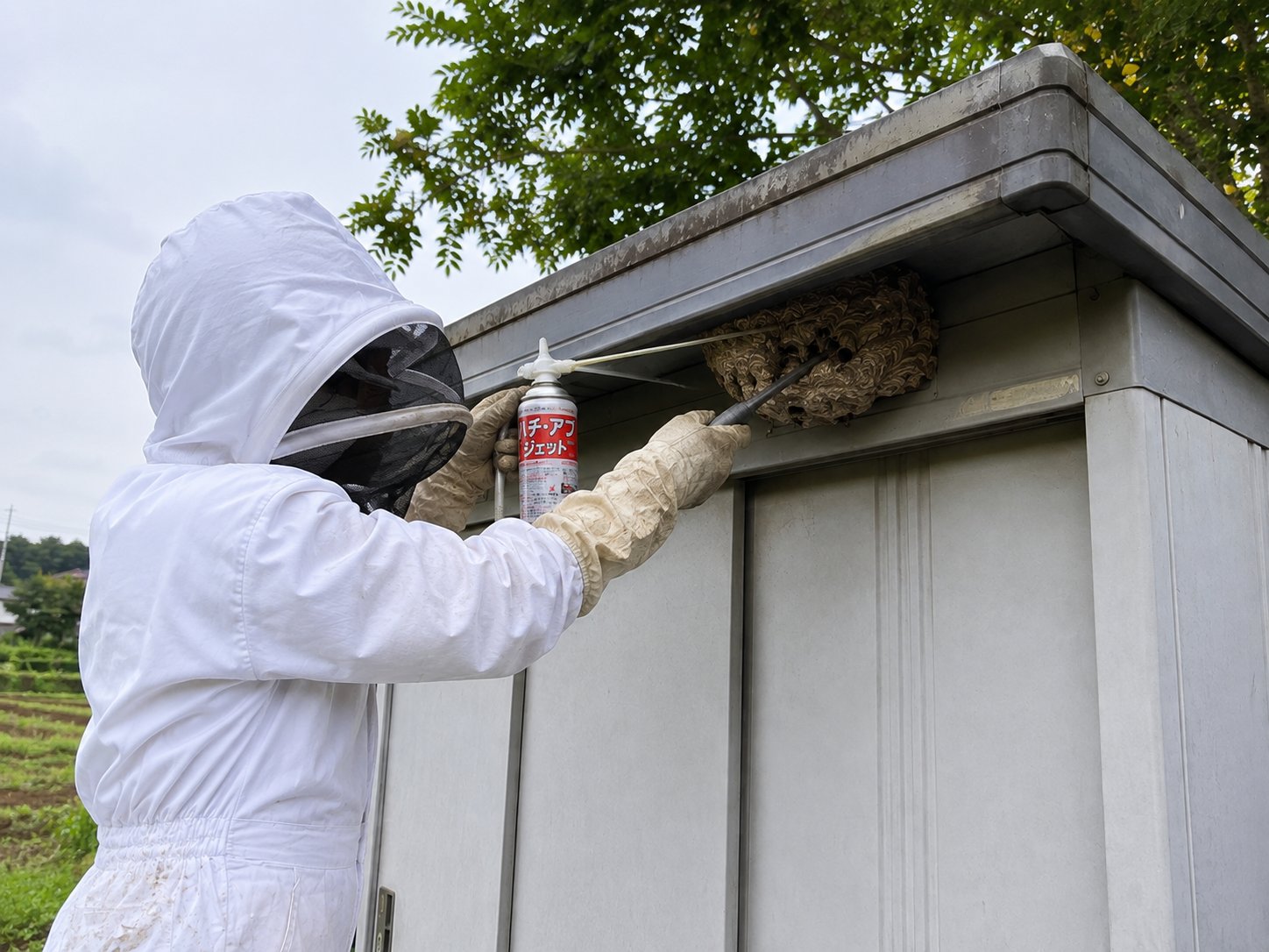 防護服を着用し物置軒下のコガタスズメバチの巣を駆除する作業員