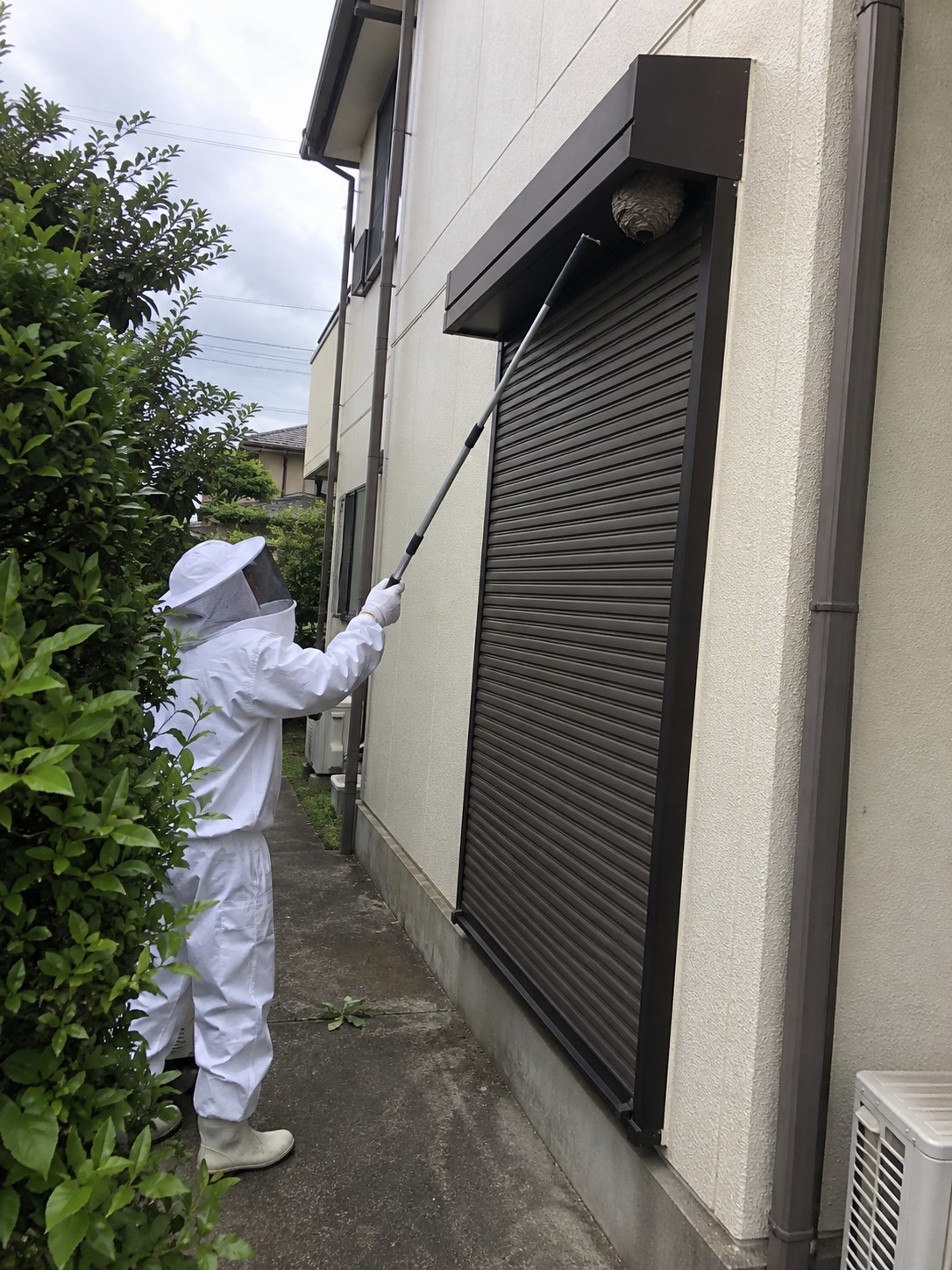 防護服を着た作業者が雨戸戸袋の周囲を確認する様子