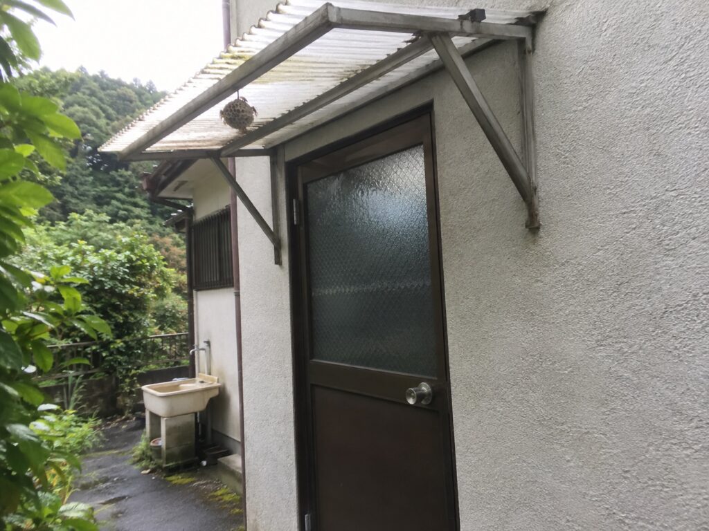 住宅の勝手口にある透明なひさしの裏へ小さな蜂の巣が付いた全体状況