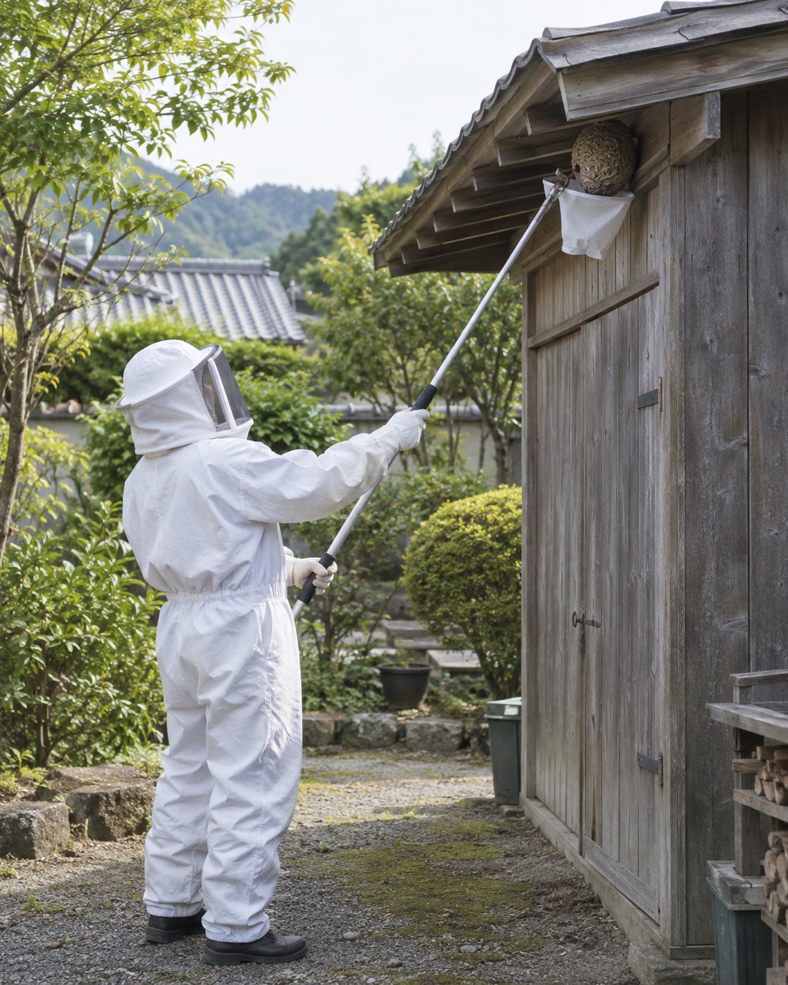 防護服の作業員が物置から距離を取り長い道具で巣を処理する様子