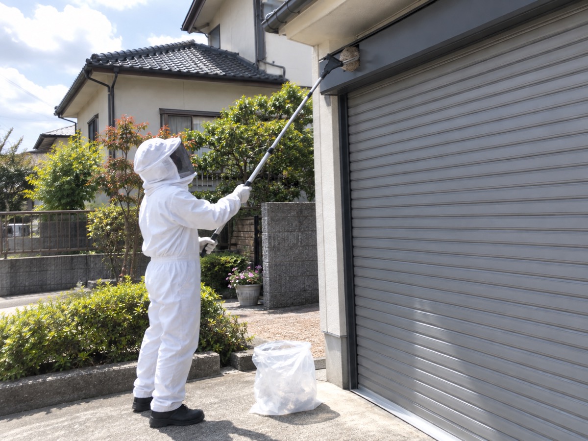 防護服の作業員がガレージから距離を取り長い道具で巣を処理する様子
