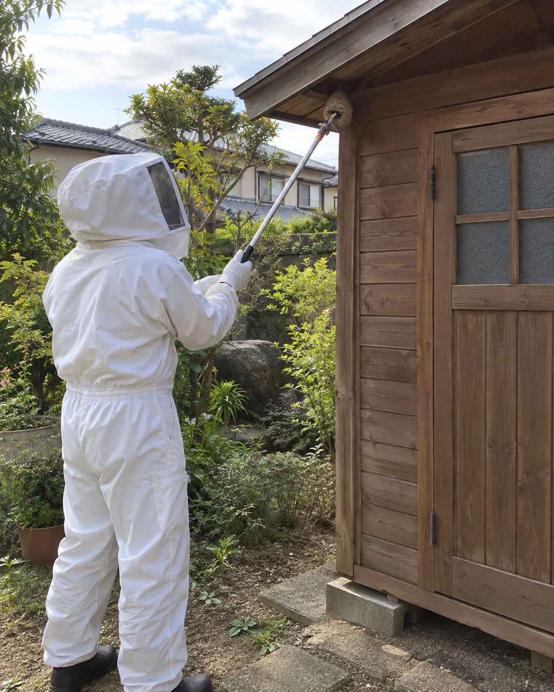 防護服の作業員が物置から距離を取り長い道具で巣を処理する様子