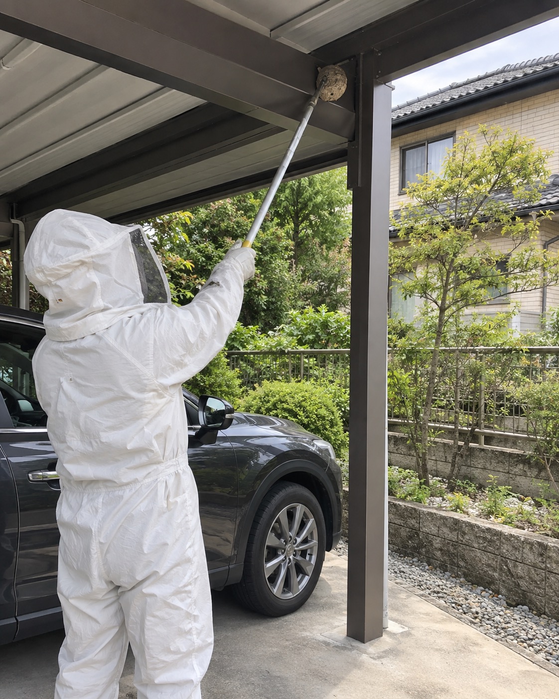 防護服の作業員が地上から長い道具でカーポート梁の巣を処理する様子