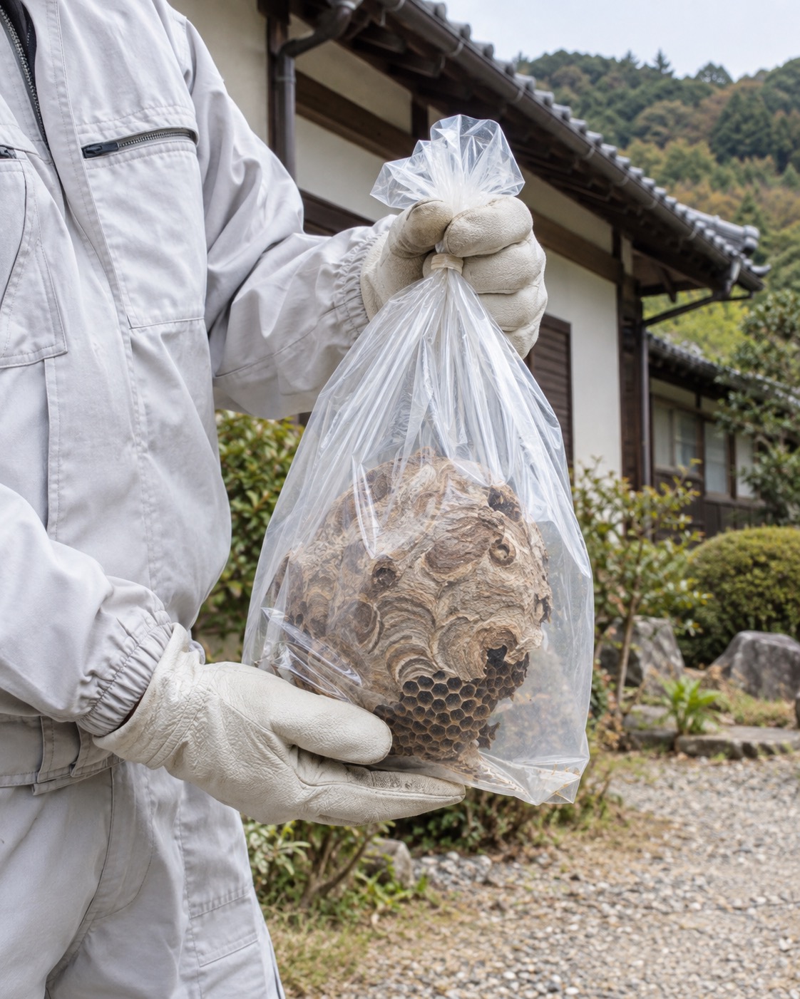 回収したコガタスズメバチの巣を透明な袋へ入れて口を閉じた状態