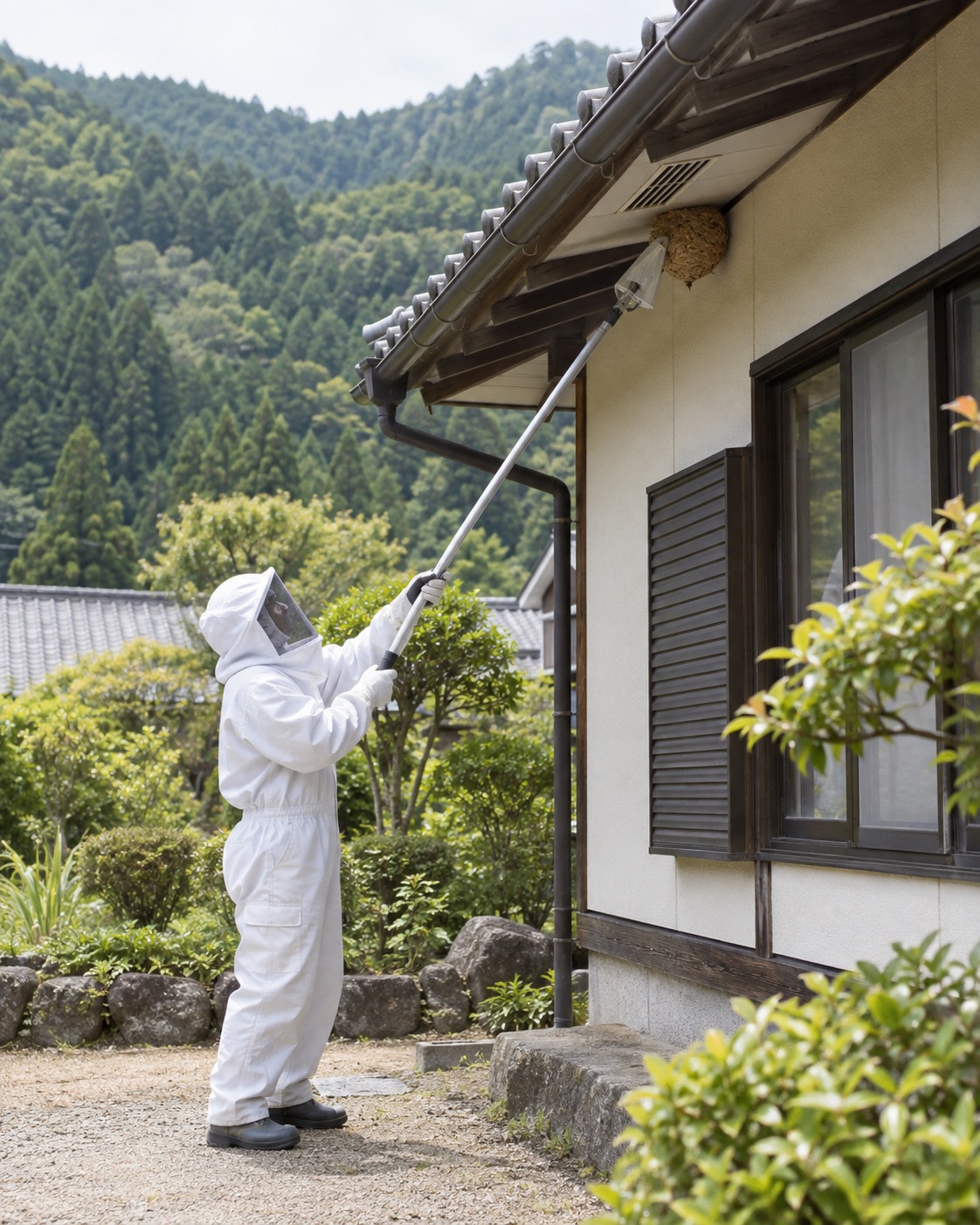 防護服の作業員が外壁から距離を取り長い道具で巣を処理する様子
