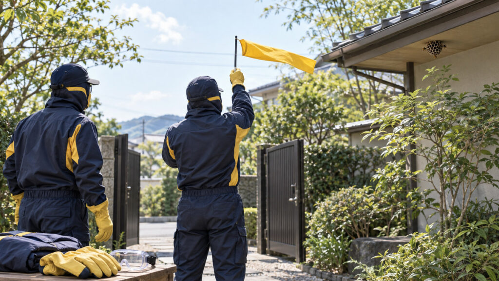 蜂駆除スプレーを使う前に、風向きの確認と防護手袋・保護メガネなどの装備を準備する場面を示したイメージ画像（AI生成）。八掃除の作業風景や実在のスタッフを撮影した写真ではありません。