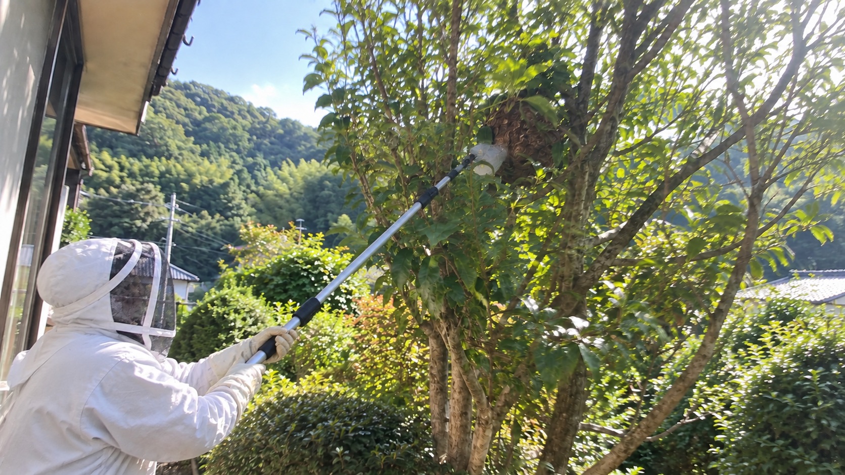 防護服を着用して庭木の蜂の巣へ対応する作業員