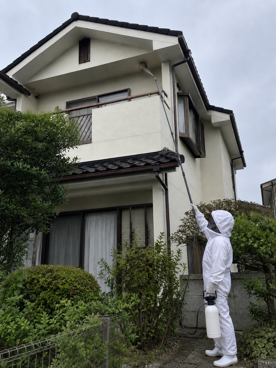 施工中・日野市南平の2階軒下にできたコガタスズメバチの巣へ、地上から伸縮ポールで薬剤を散布する様子