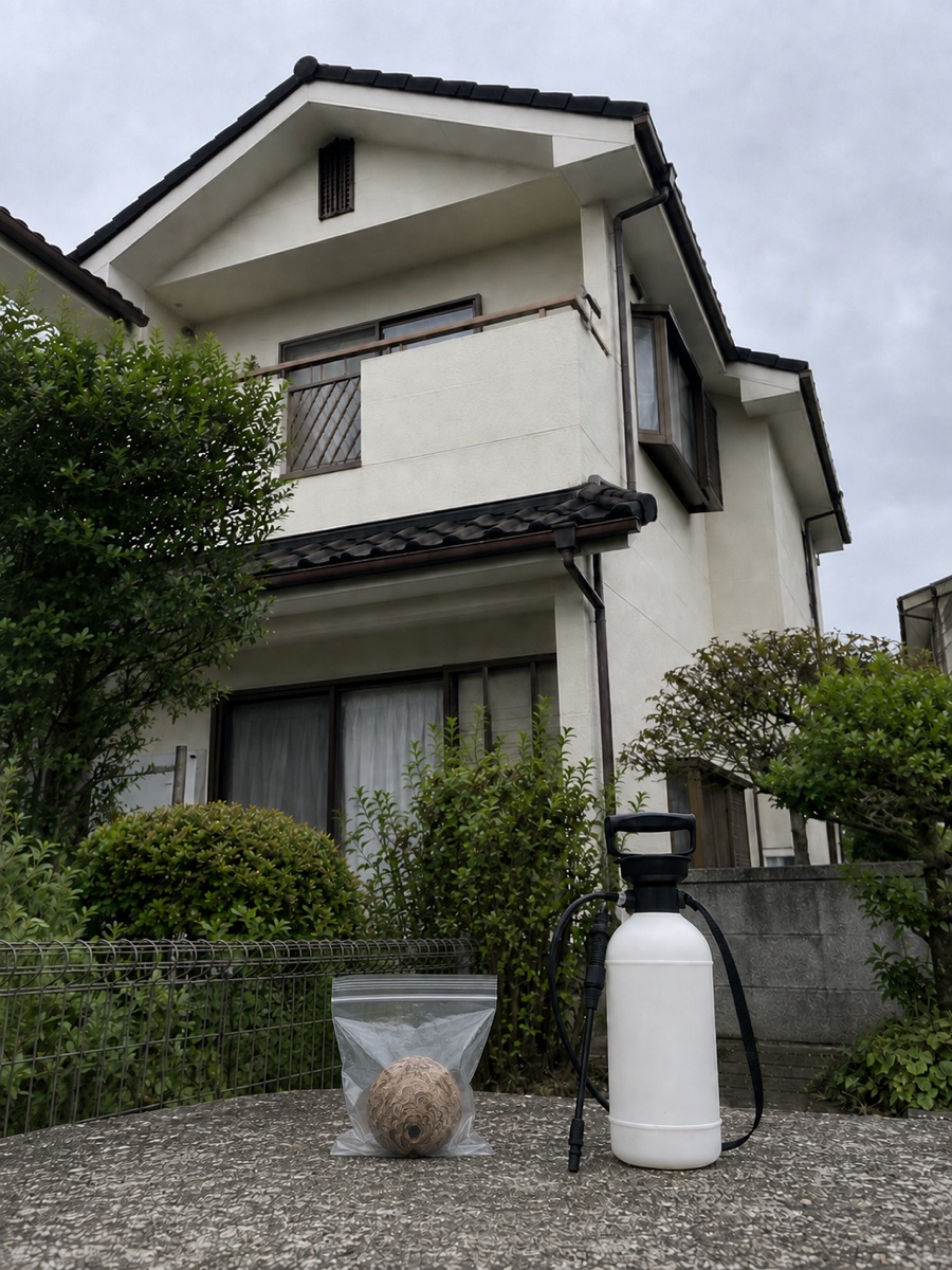 施工後・撤去したコガタスズメバチの巣を透明袋に入れ、噴霧器とともに地面に置いた様子