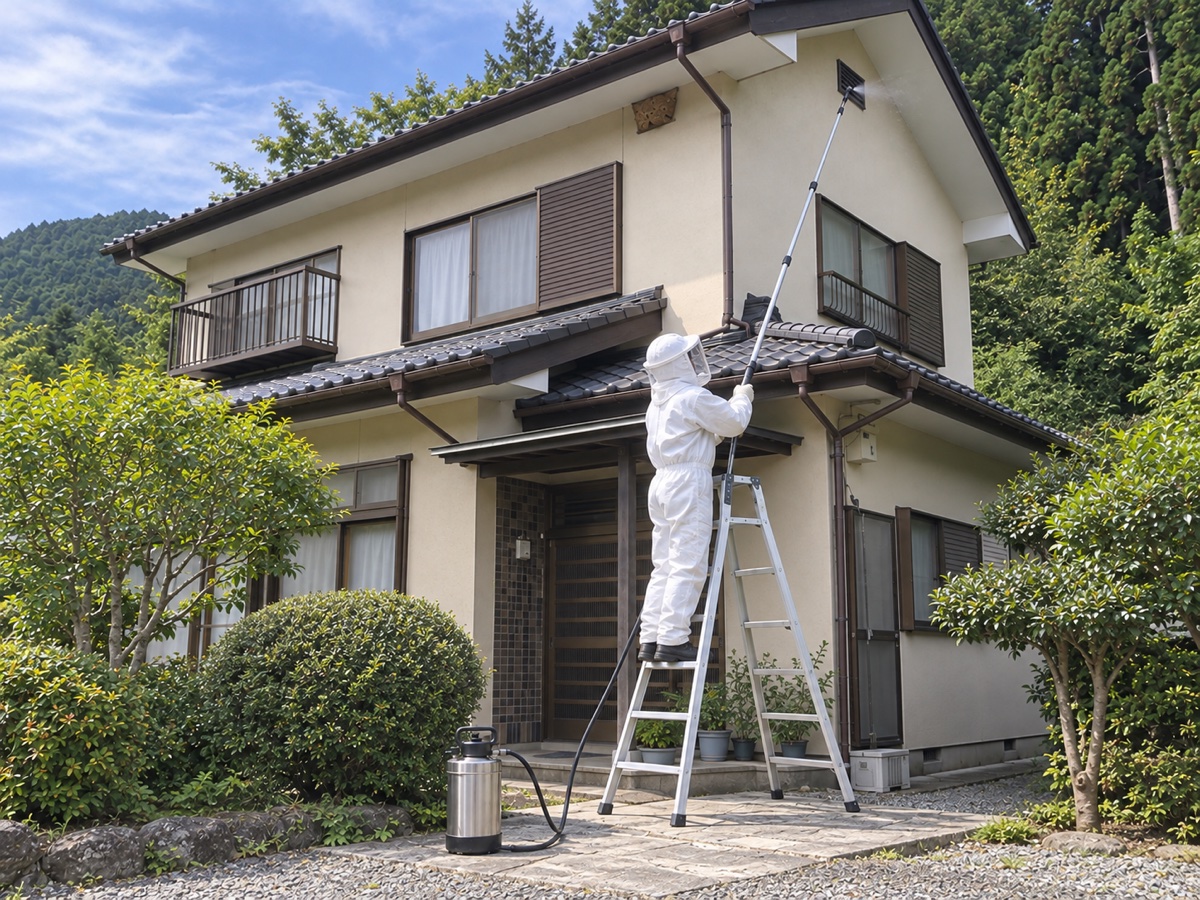 施工中・防護服の作業員が脚立の中段に立ち、伸縮ポールで妻壁の換気口へ薬剤処理を行う様子