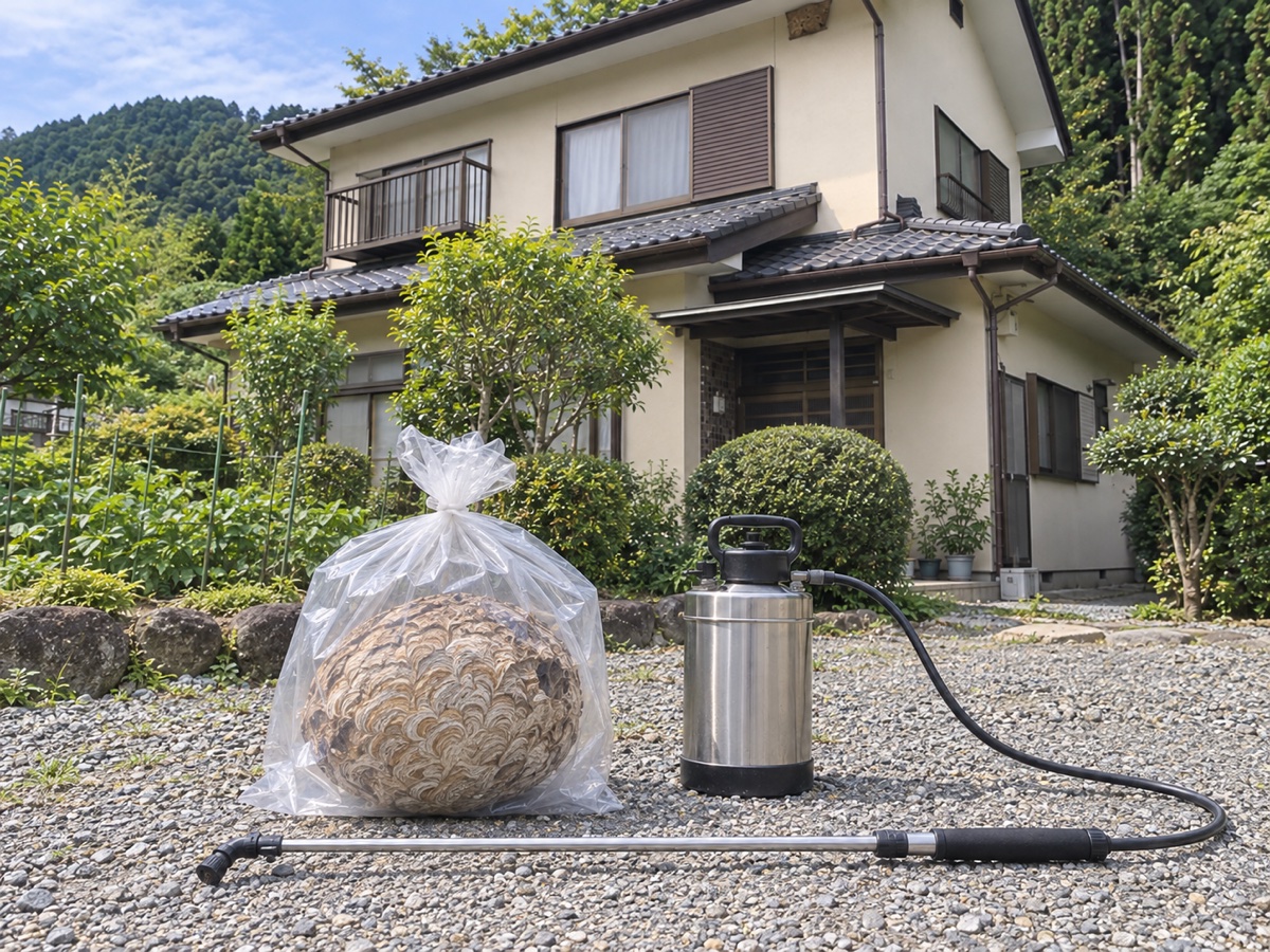 施工後・撤去したキイロスズメバチの巣を透明袋に入れ、噴霧器とともに置いた様子