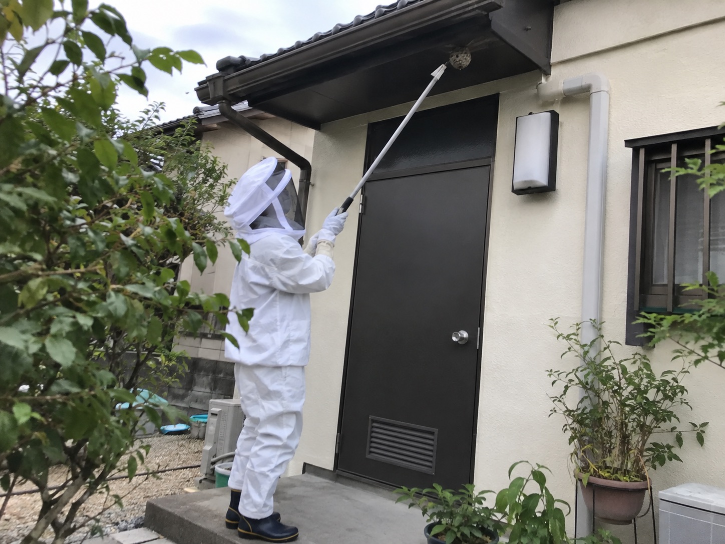 防護服を着た作業者が勝手口ひさしの軒下を確認する様子