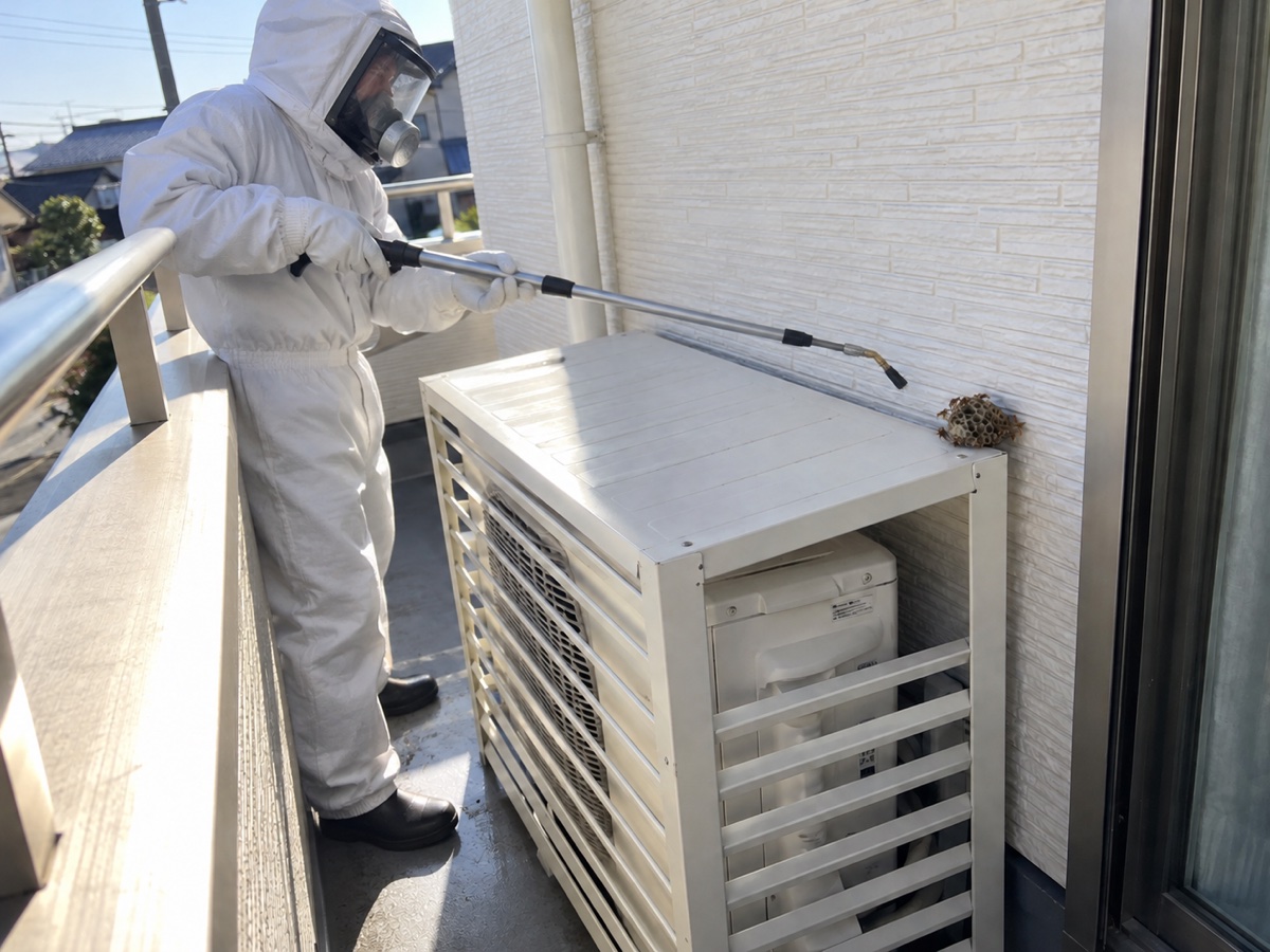 防護服の作業員がベランダから距離を取り長い道具で巣を処理する様子