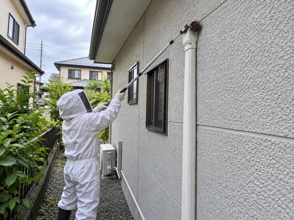 防護服の作業員が外壁から距離を取り長い道具で巣を処理する様子