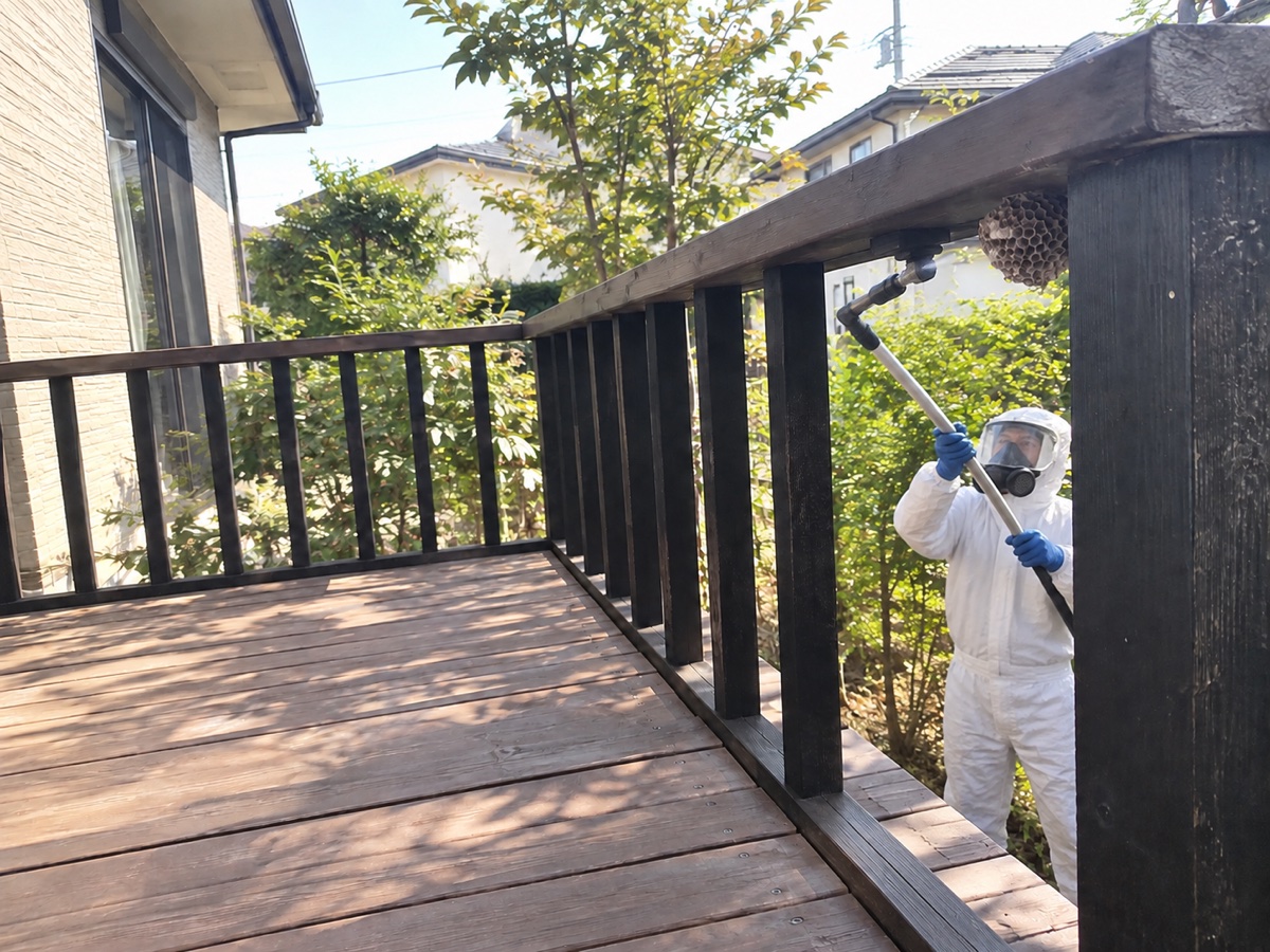 防護服の作業員がウッドデッキから距離を取り長い道具で巣を処理する様子