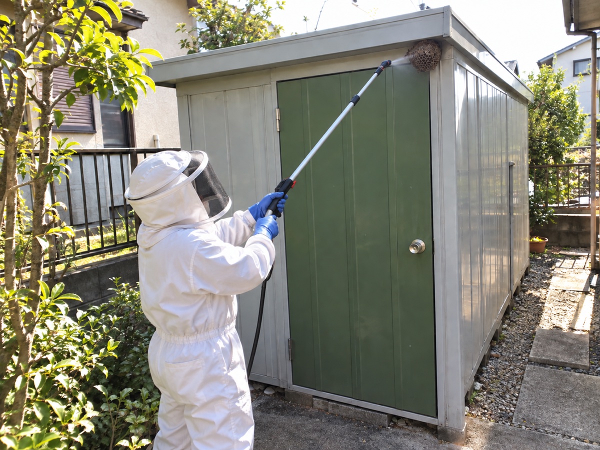 防護服の作業員が物置から距離を取り長い道具で巣を処理する様子