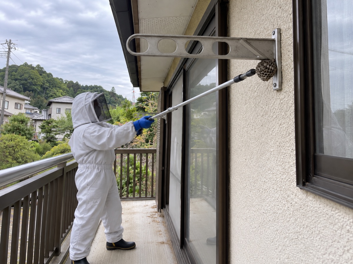 防護服の作業員がベランダから距離を取り長い道具で巣を処理する様子